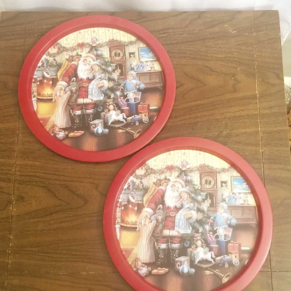 2 13 Inch Tin Christmas Cookie Trays with Santa Claus and Kids, Red